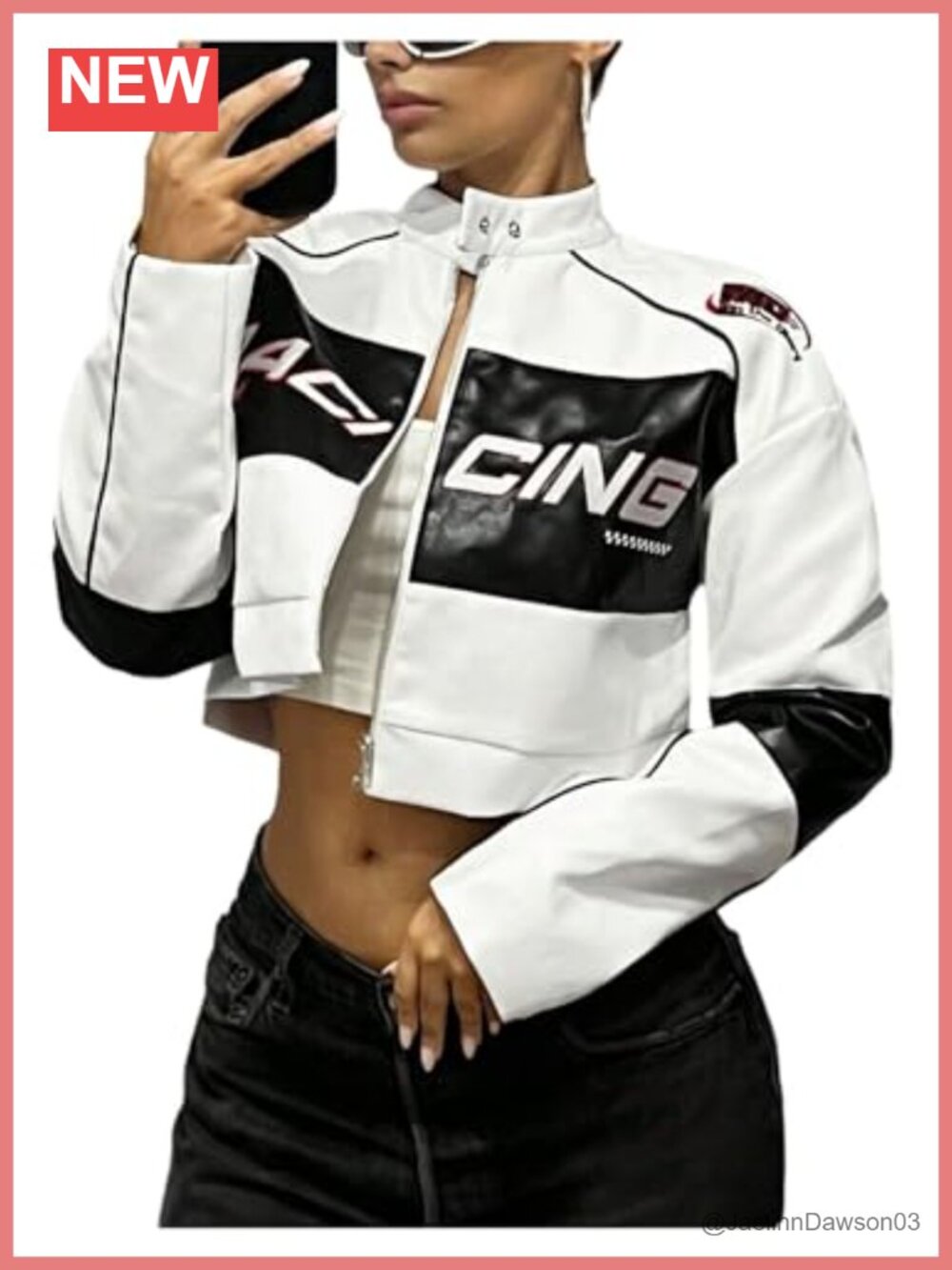 Faux Leather Zip Up Crop Graphic Jacket Stand Collar Long Sleeve